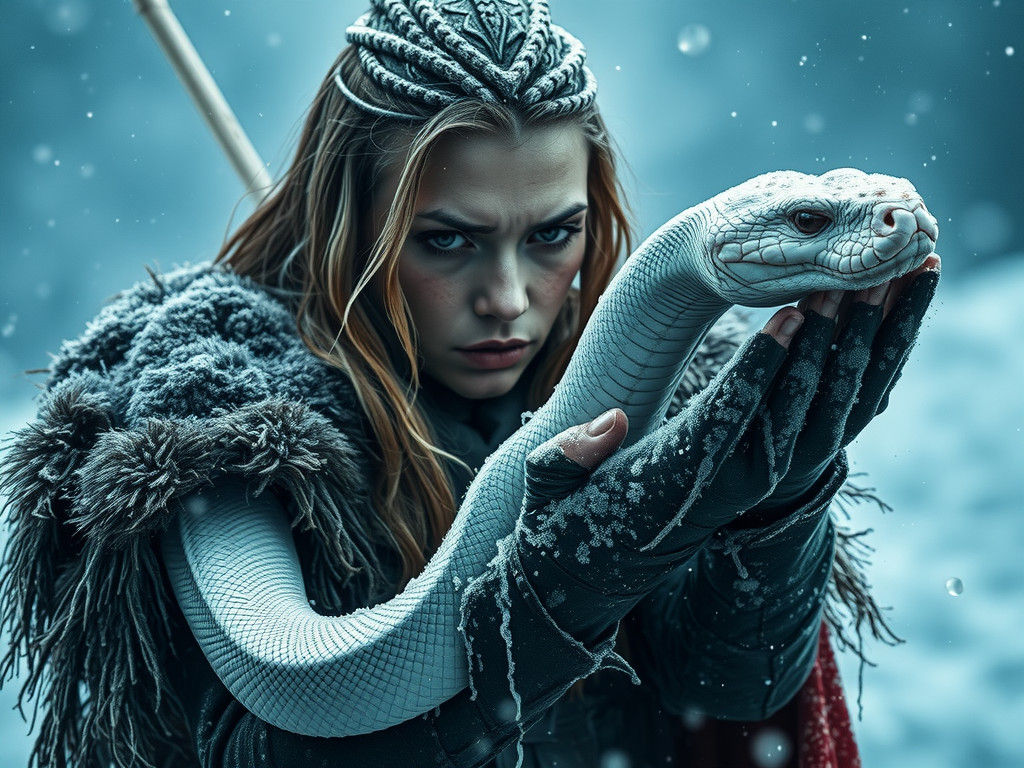 Fierce Viking Woman with White Snake in Snowstorm