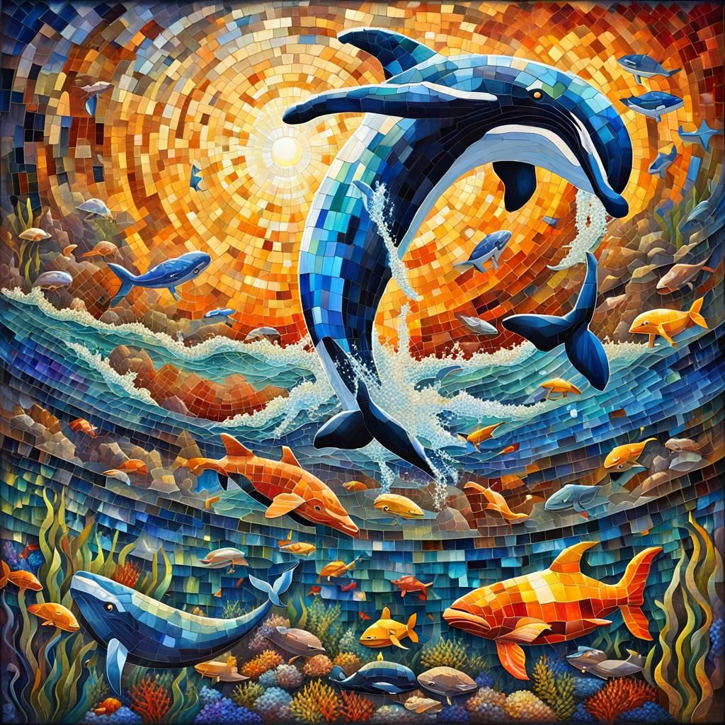 Vibrant Underwater Whale Mosaic Artwork