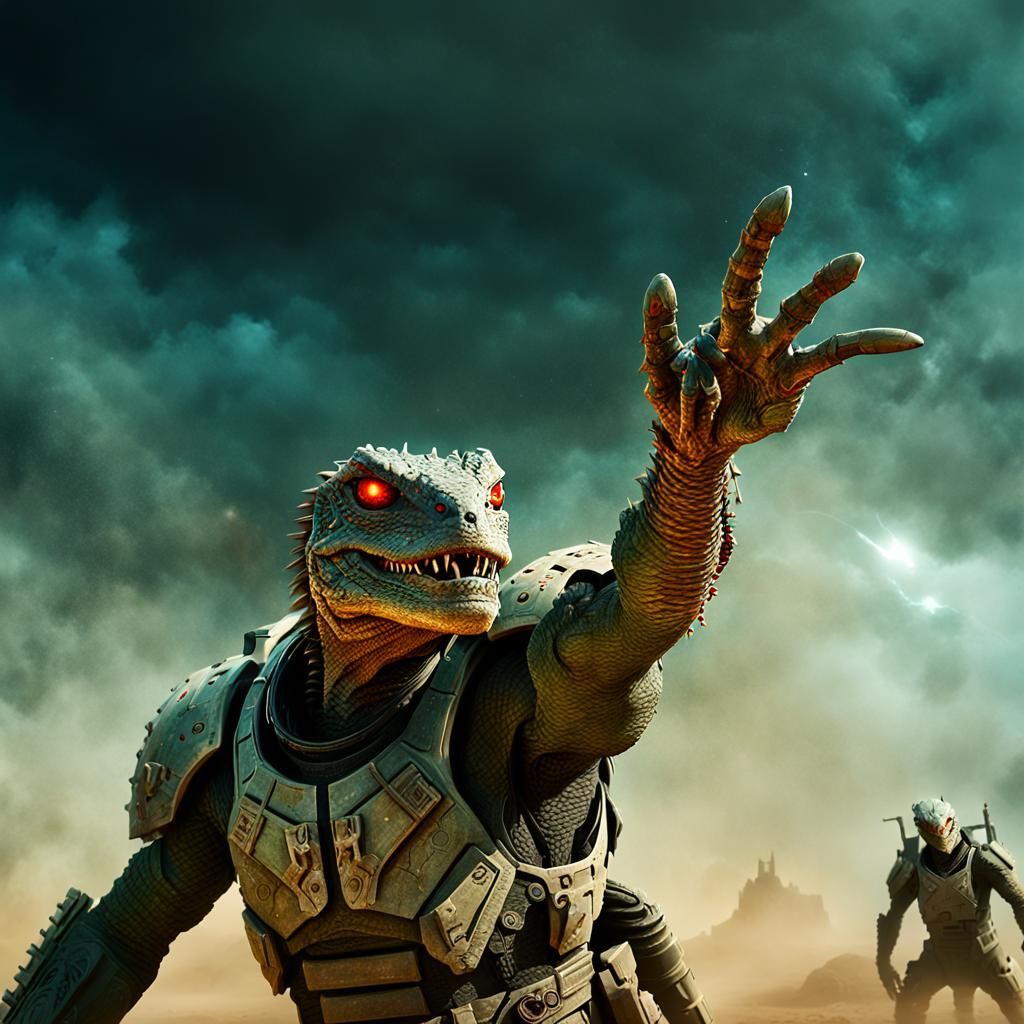Sci-Fi Lizardman Soldier on Battlefield