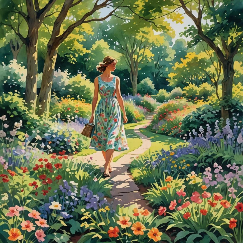 Woman in English Garden Gouache Painting