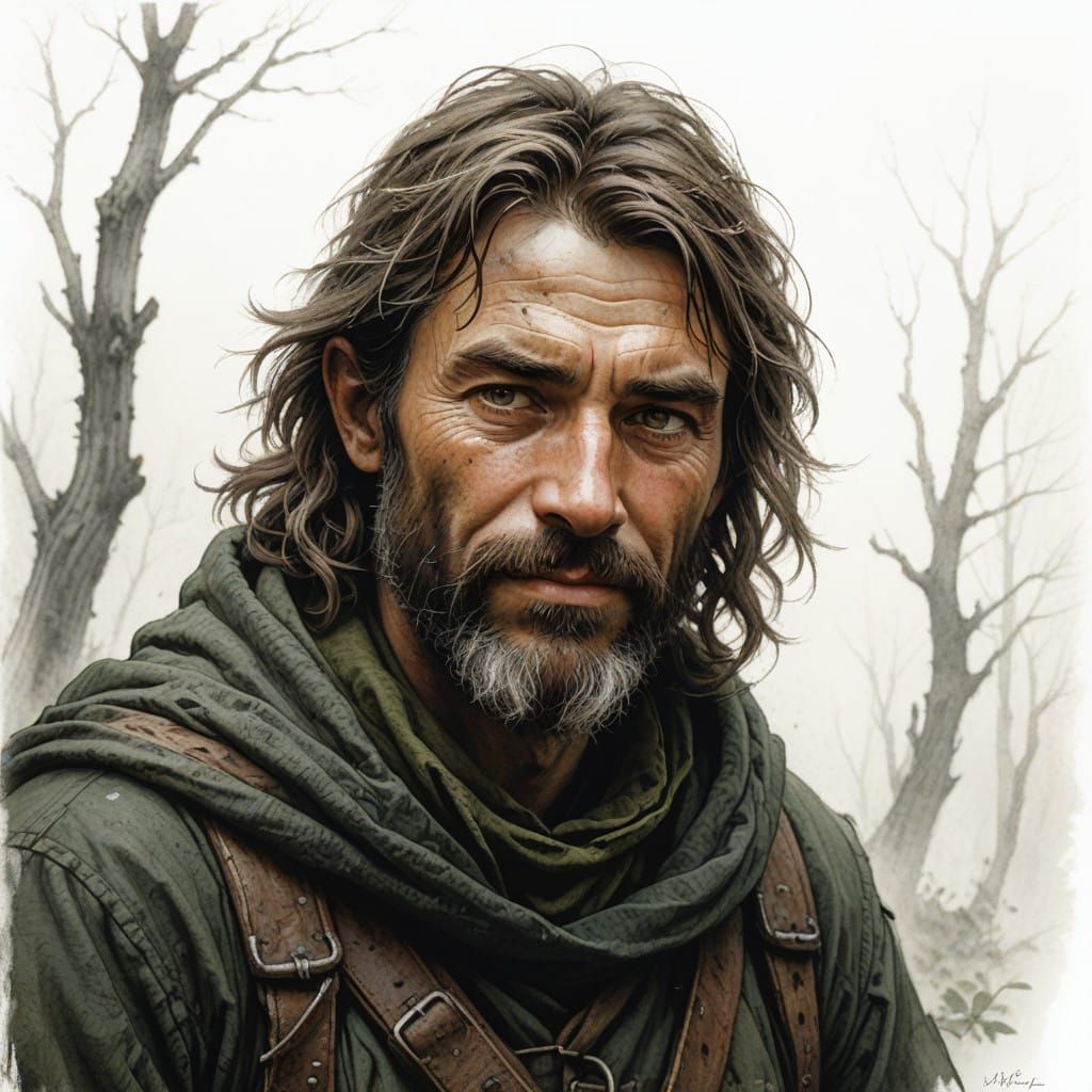 Medieval Ranger in Charcoal Drawing Style