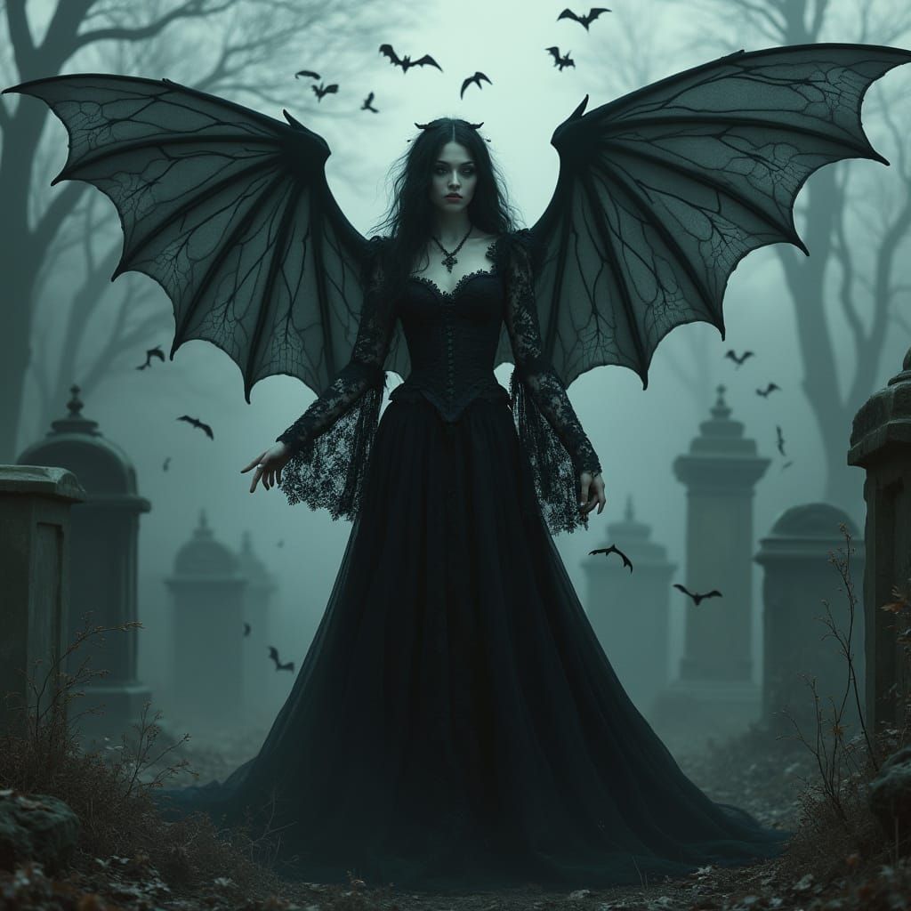 Gothic Princess Unfurls Black Wings Over a Haunting Graveyar...