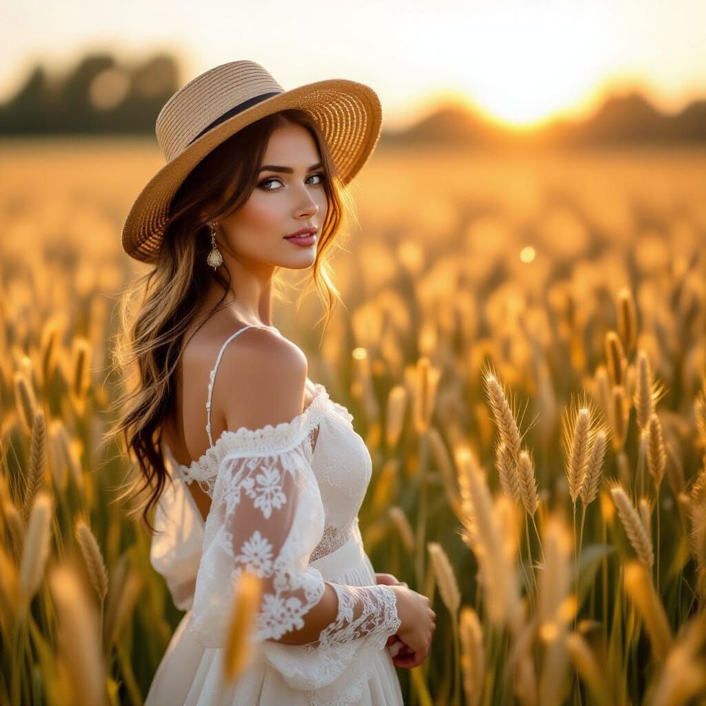 Woman in Wheat Field: Impressionistic Style