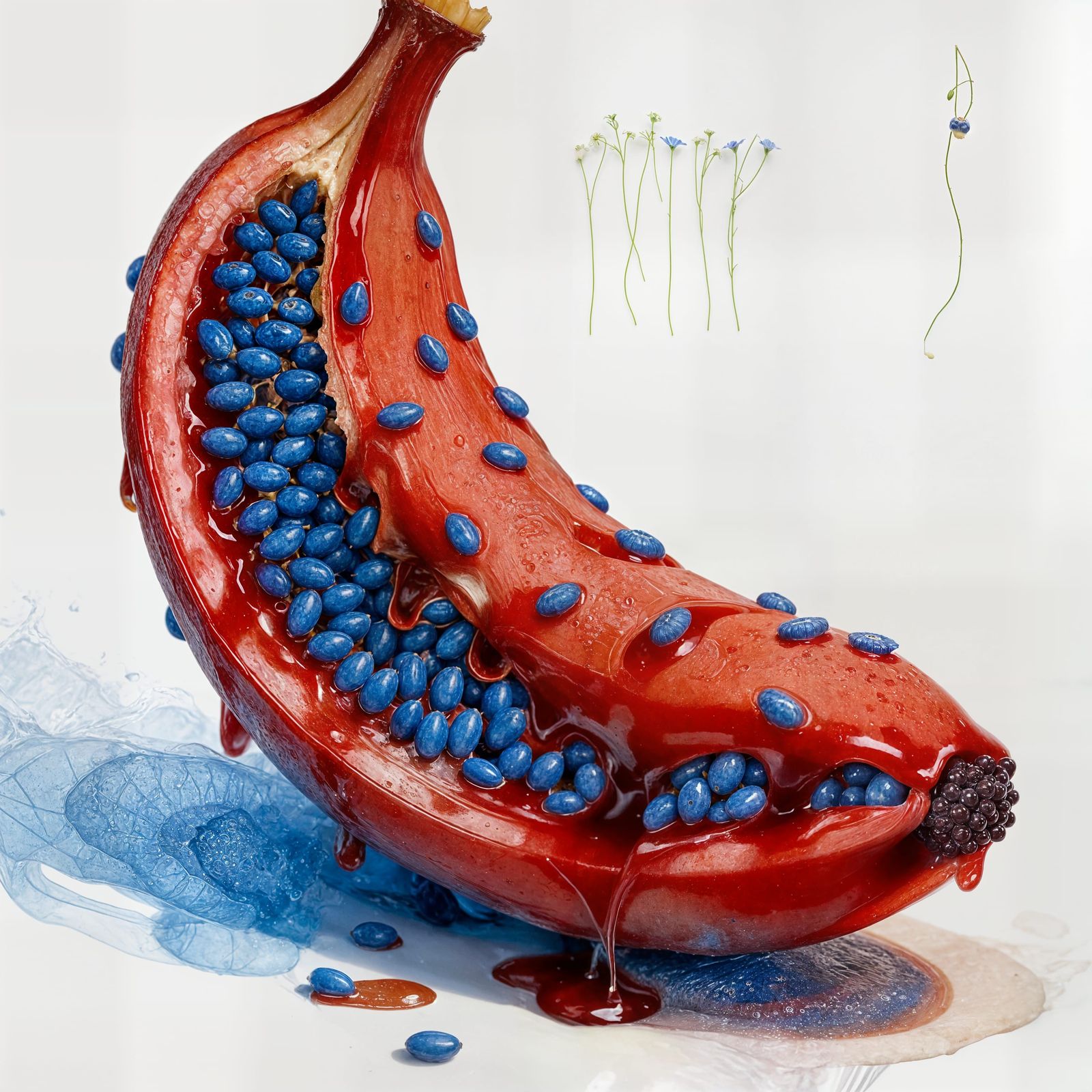 Bizarre Red Fruit with Internal Seeds and Banana-like Textur...