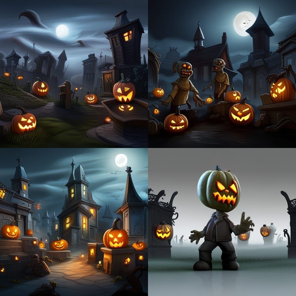 Cartoon Zombie Jack-o-Lantern Graveyard Scene