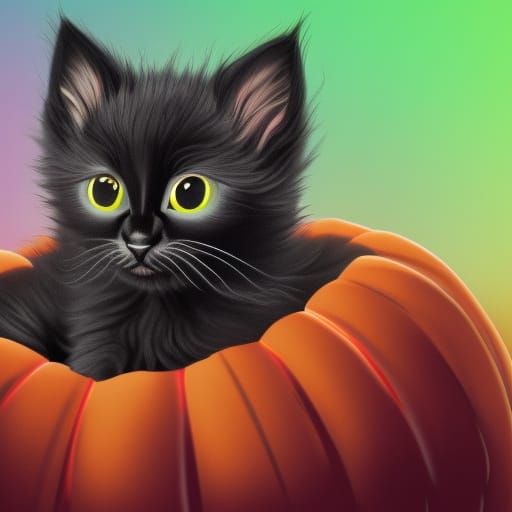 Black Kitten on Pumpkin Field in Synthwave Style