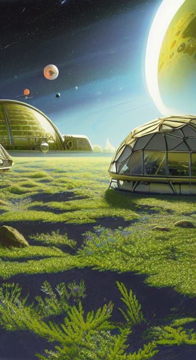 Moonbase Botanists in Vibrant Sci-Fi Illustration Style