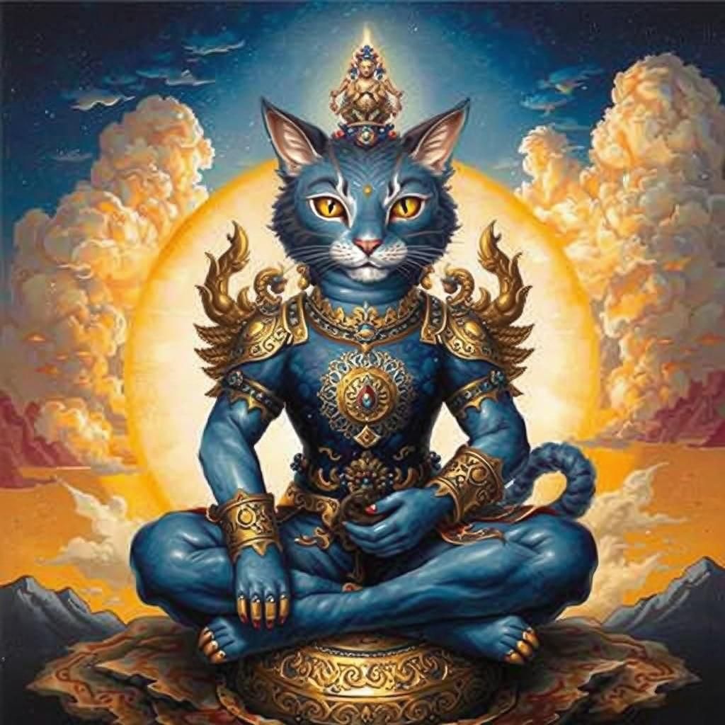 Anthropomorphic Cat Bodhisattva in Alcohol Ink Style