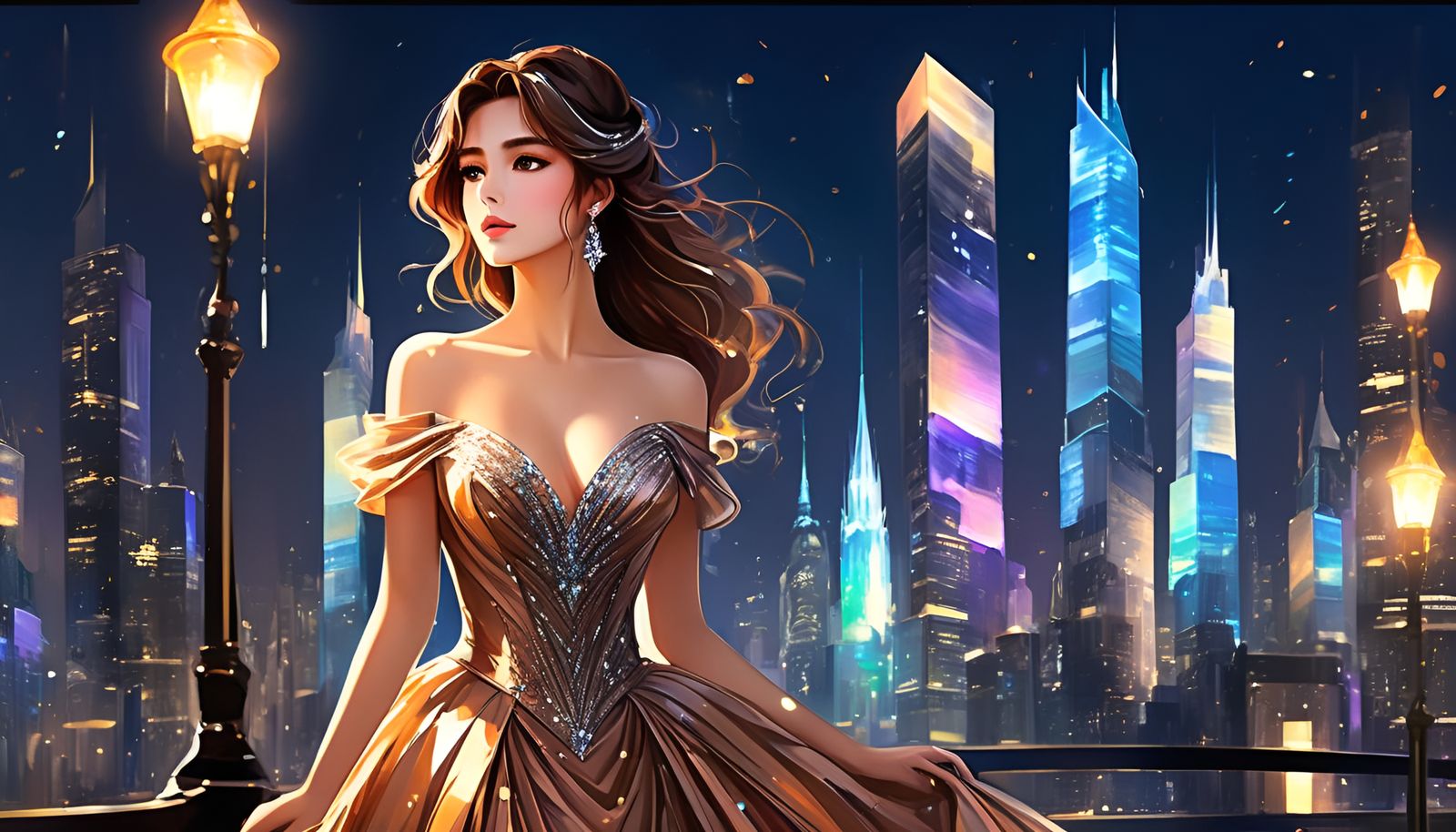 Sleeping Beauty by Balcony in Starry Night Cityscape