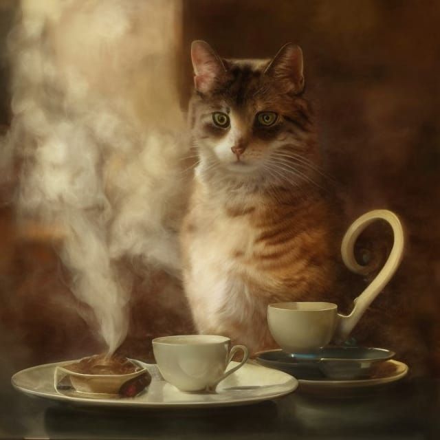 Beautiful Cat Sipping Tea in Cafe: Photorealistic Portrait