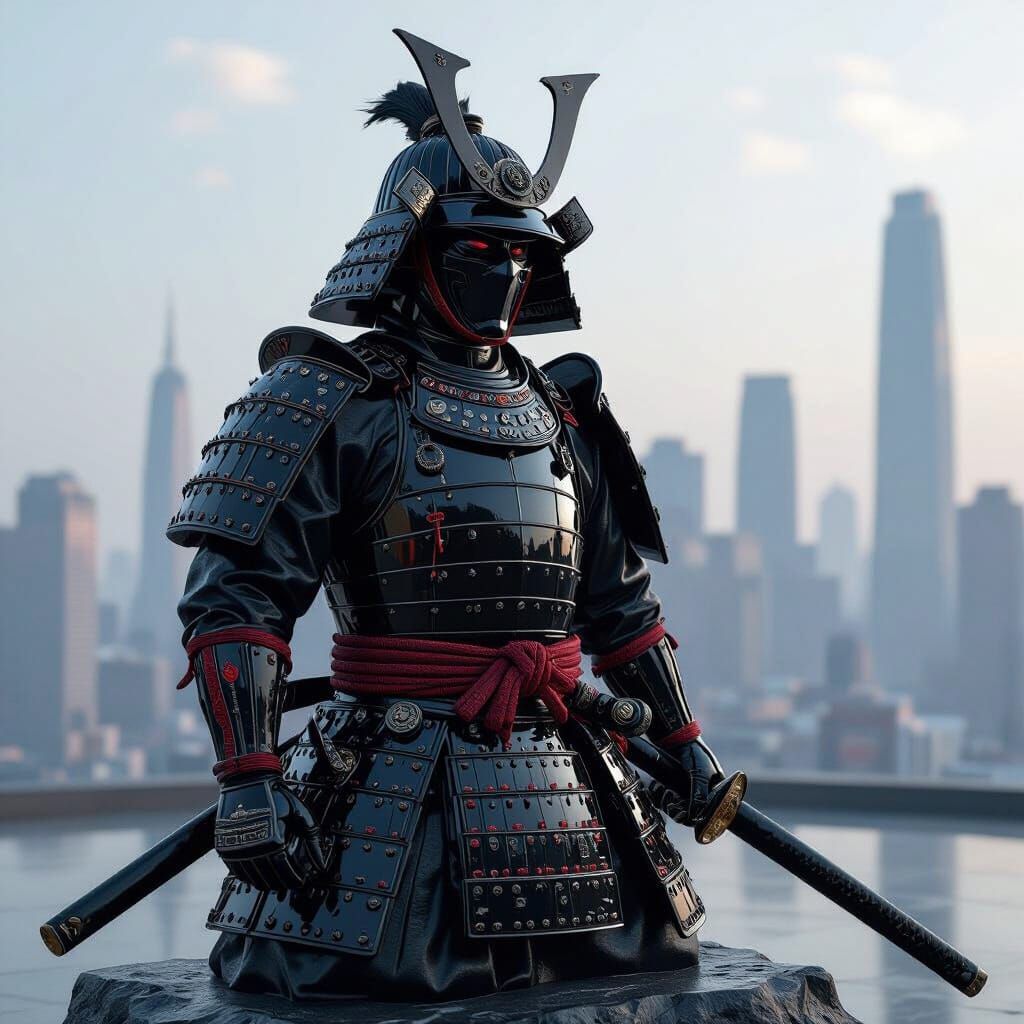 Ronin Samurai Obsidian Sculpture in Cyberpunk City