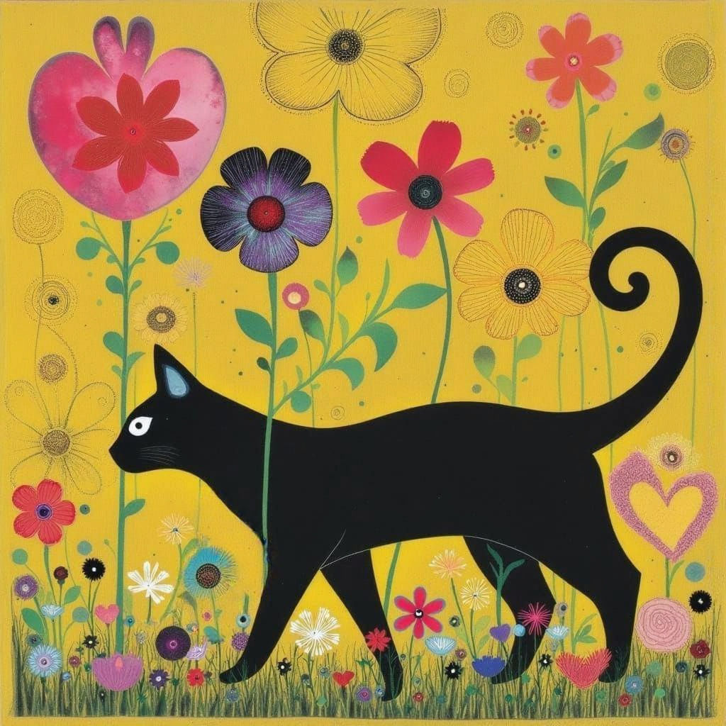 Black Oriental Shorthair Cat Prowling Meadow with Hearts