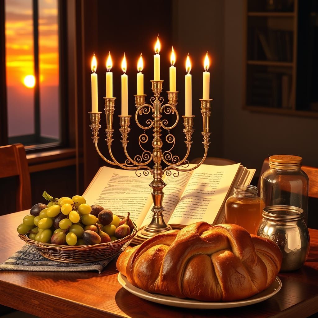 Cozy Shabbat Table in Warm, Impressionistic Style