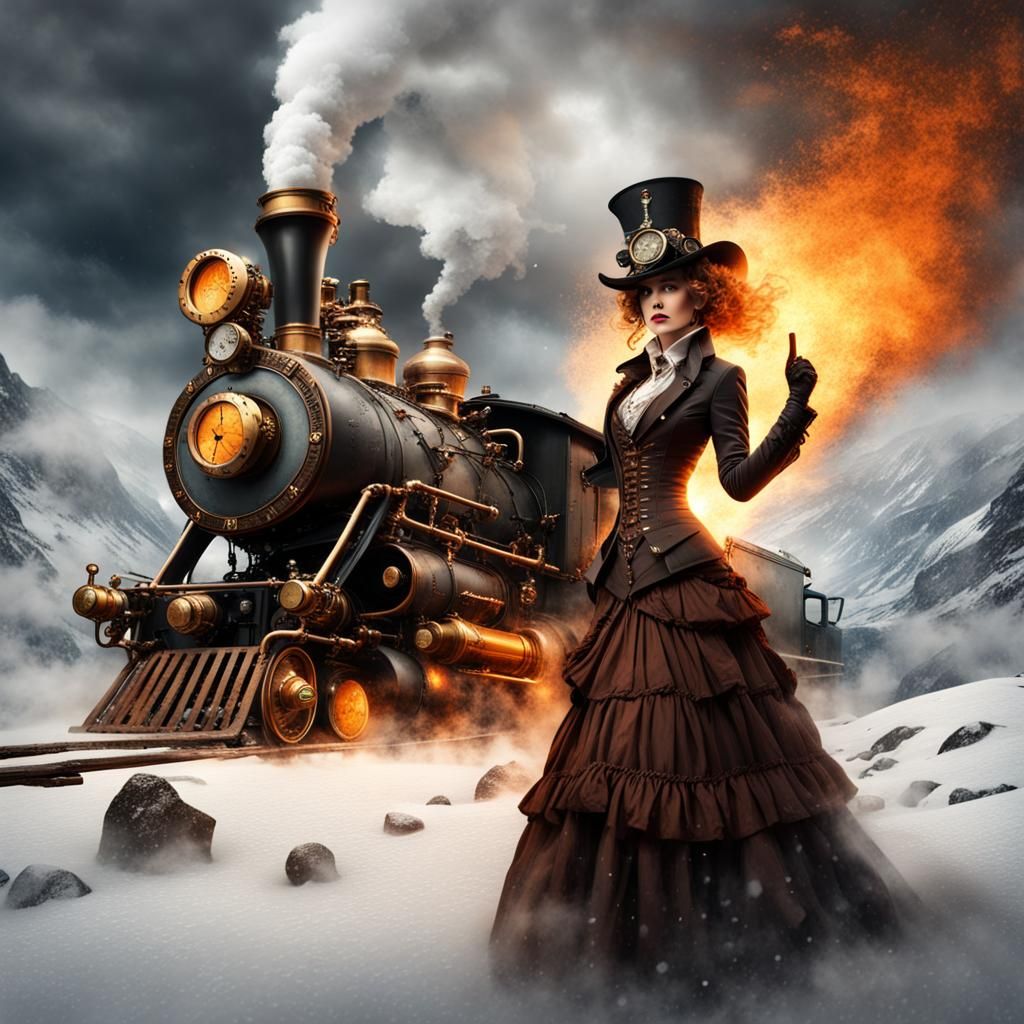 Steampunk Woman in Fiery Snowscape with Clockwork Details