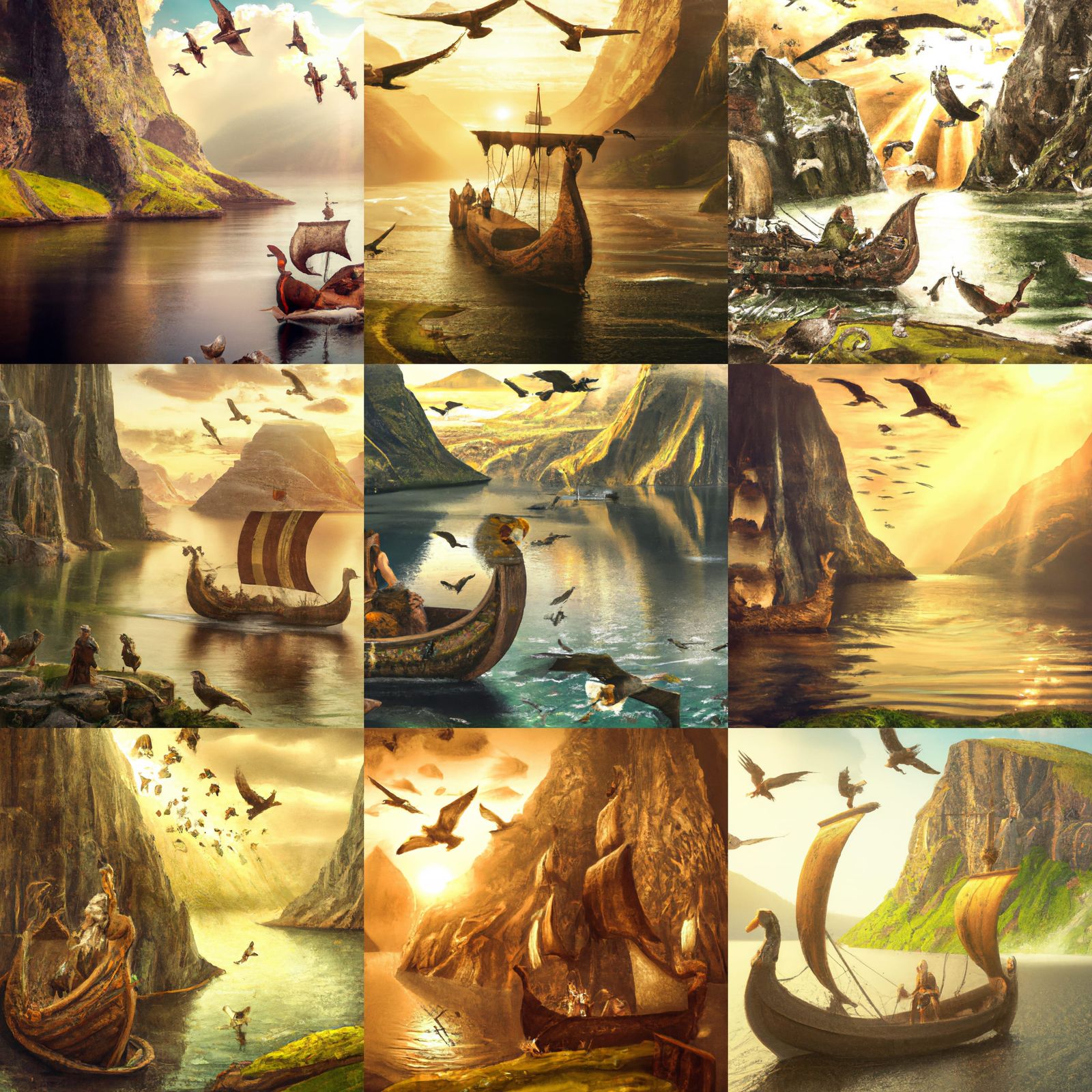 Viking Longship in Fjord with Golden Sunlight