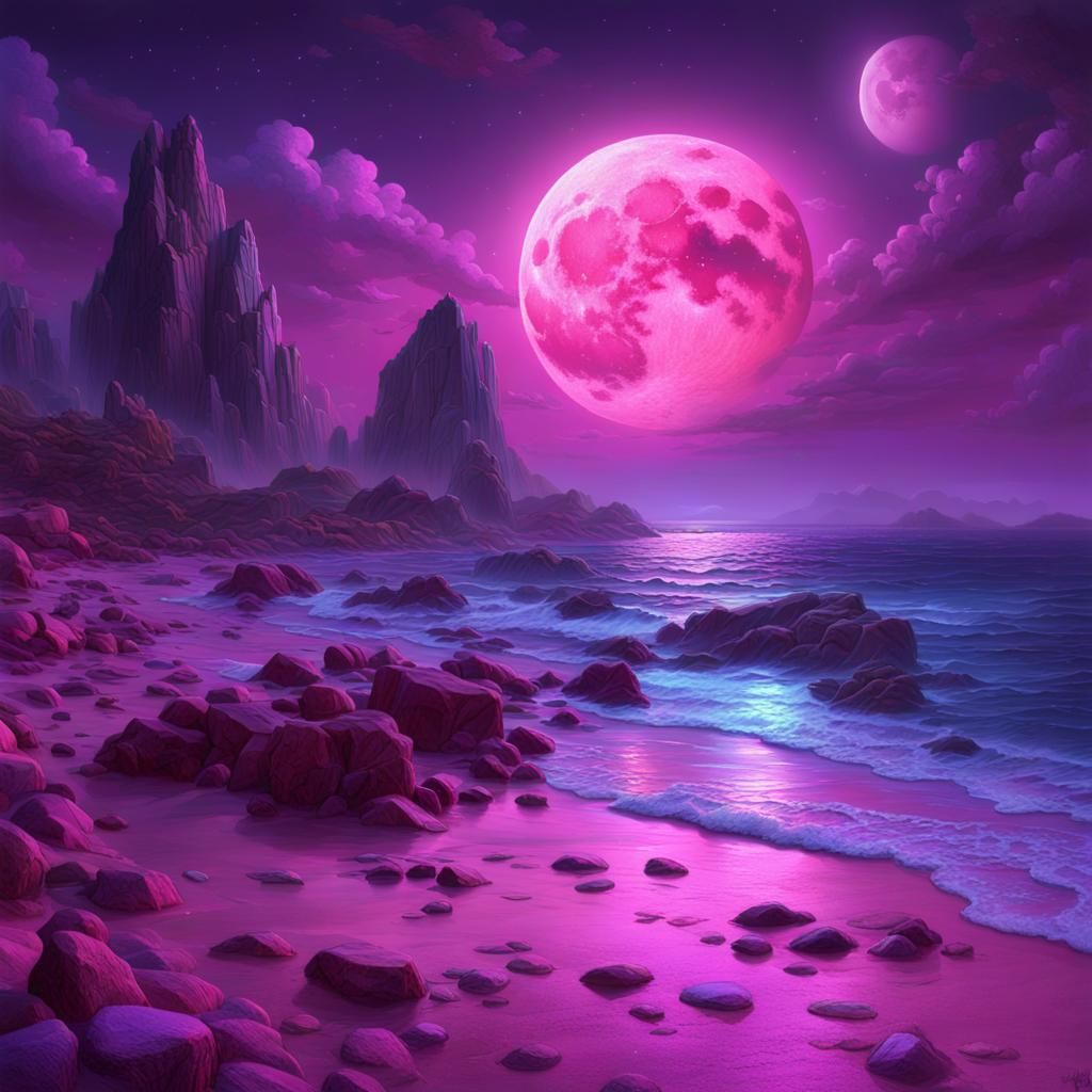 Mystical Moonlit Beach with Holographic Rocks