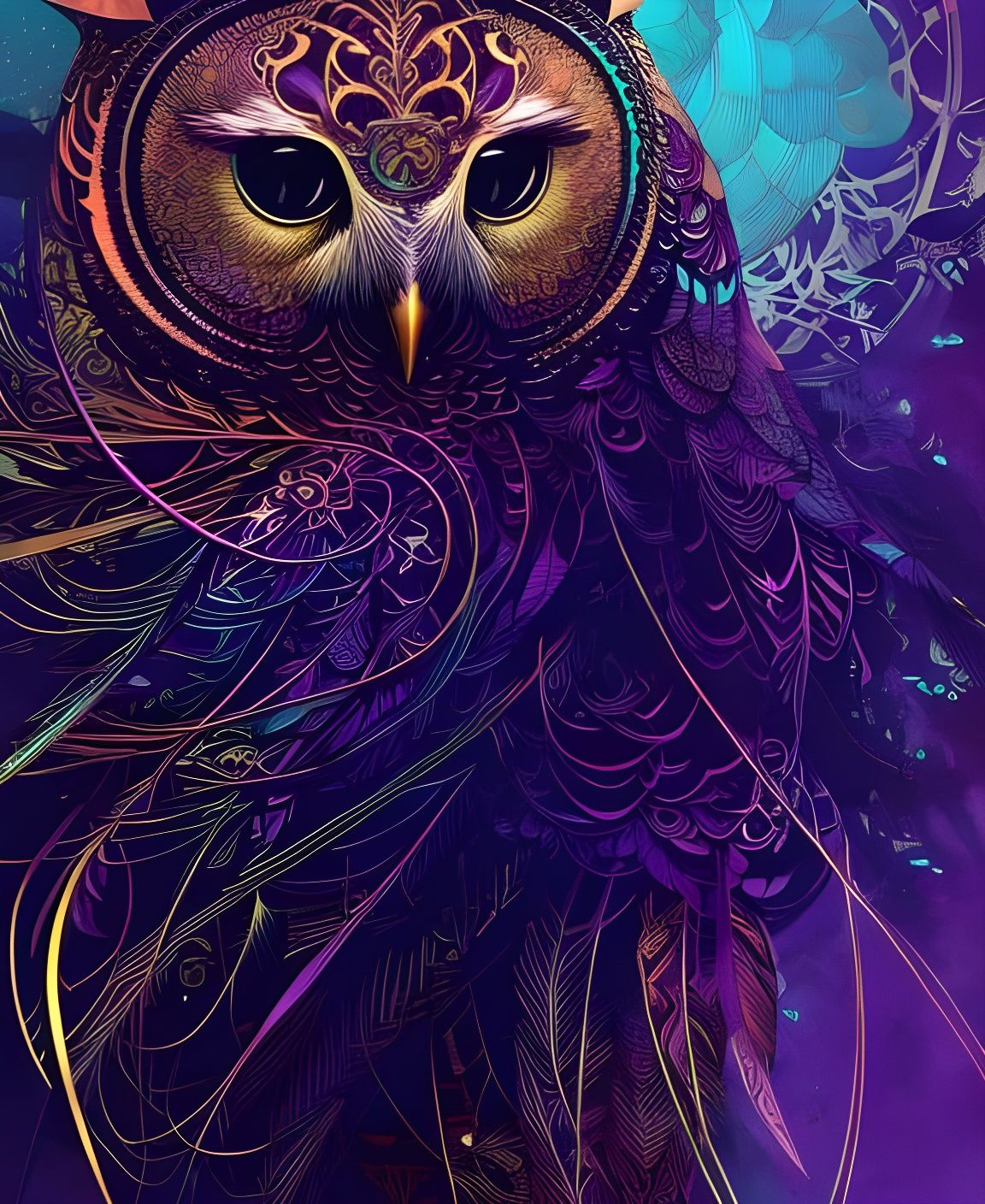 Detailed Purple Owl Portrait with Bronze Outlines