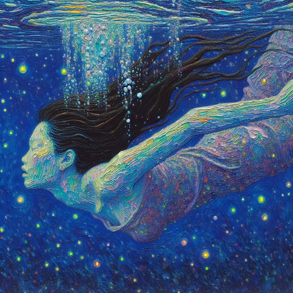 Surreal Woman Diving: Minimalist Oil Painting