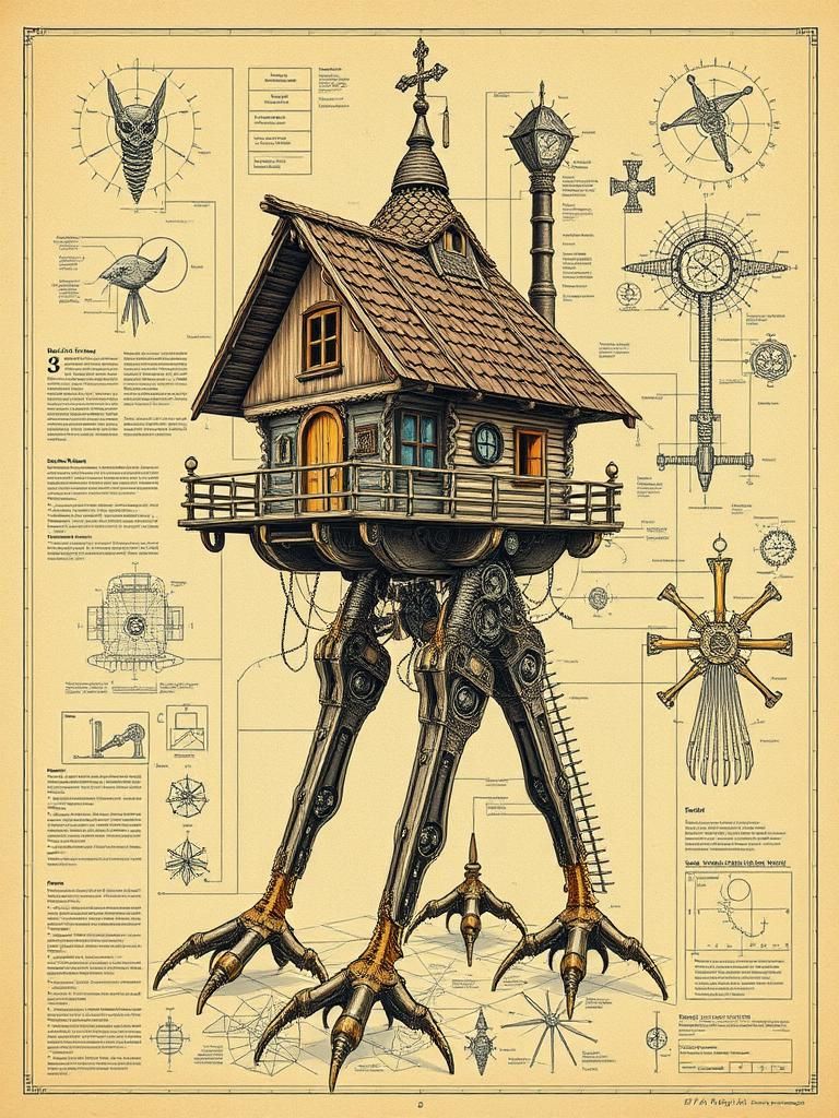 Baba Yaga's Hut: Steampunk Blueprint Illustration