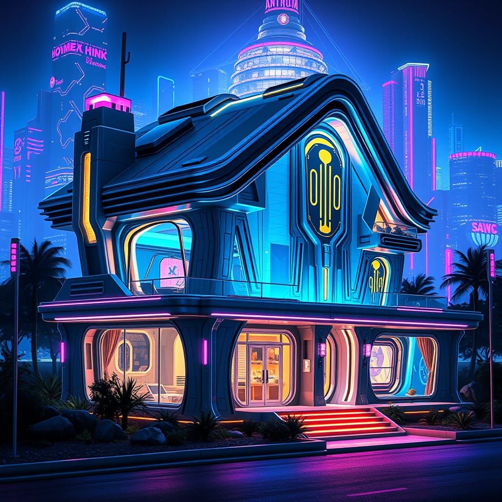 Sleek Futuristic Abode Illuminated by Neon Cityscape