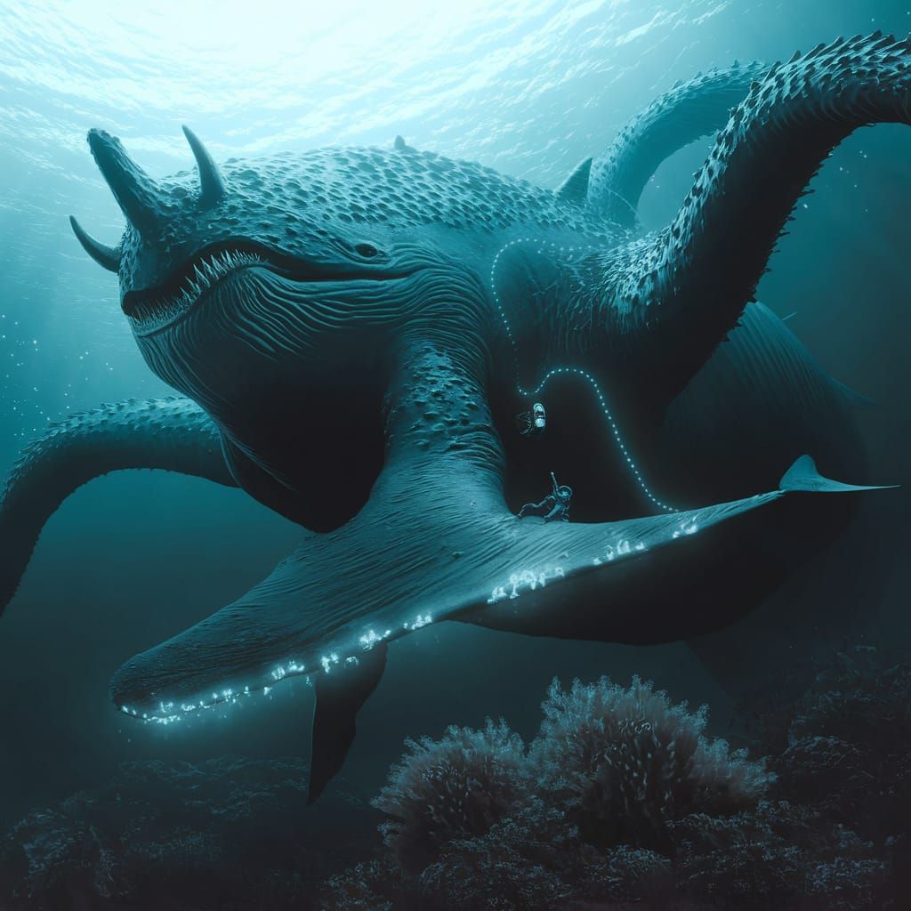Surreal Underwater Encounter: Whale-Facehugger Hybrid Towers...