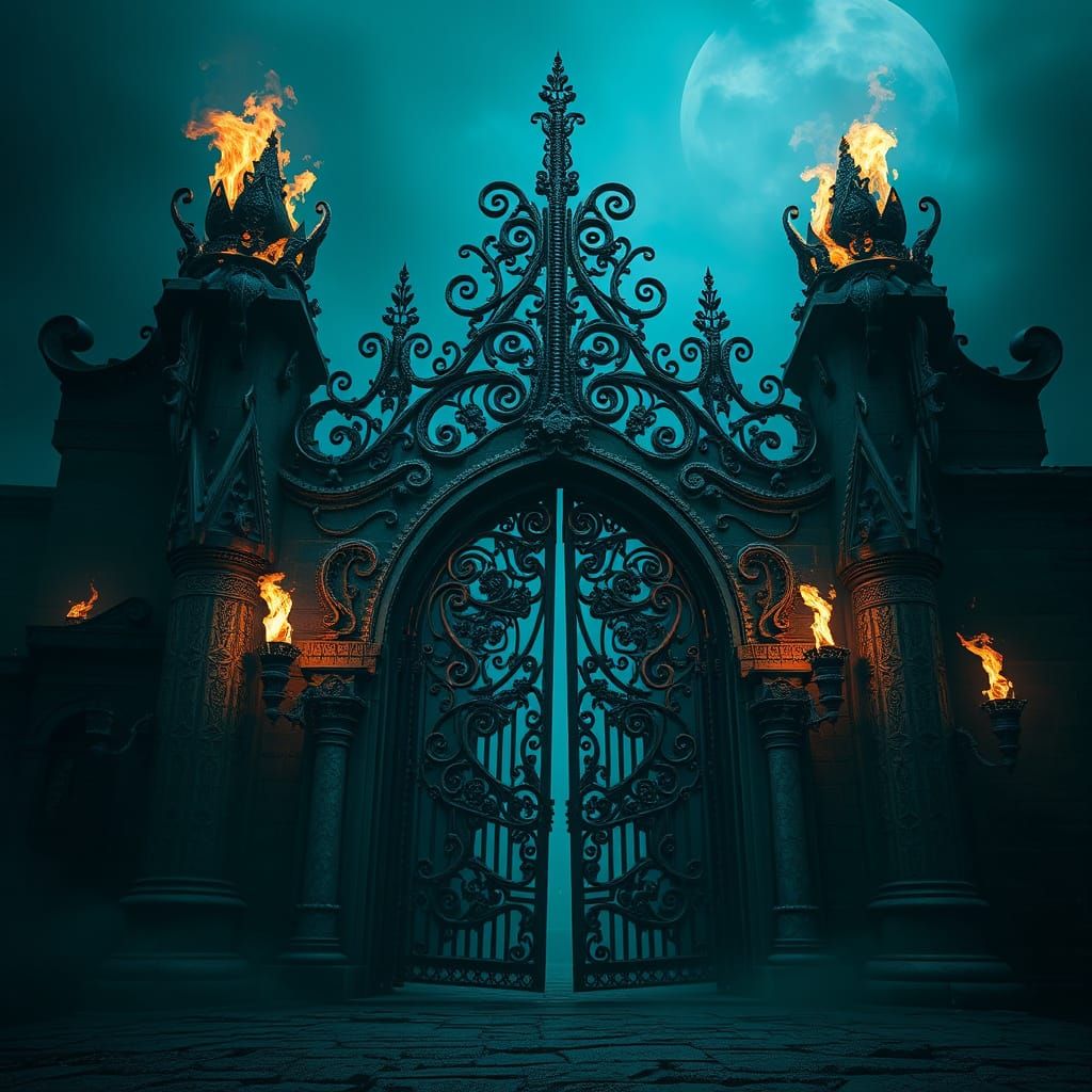Eerie Gothic Gate Adorned with Twisted Ironwork