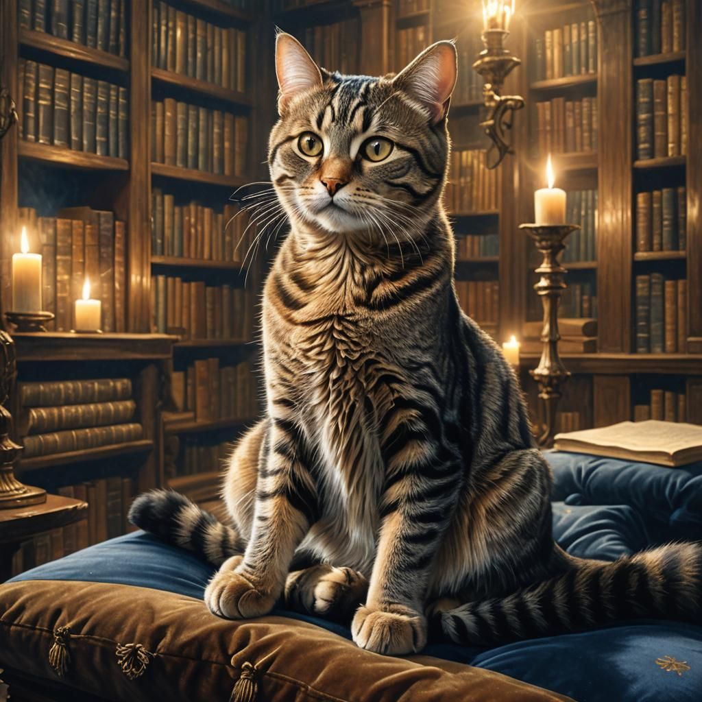 Tabby Cat in Mystical Library, Fantasy Concept Art