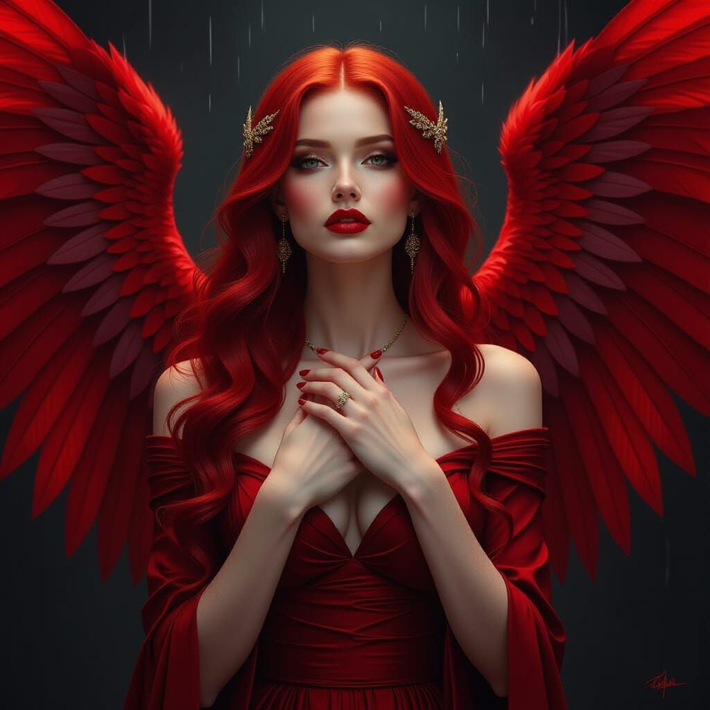Ethereal Woman with Red Wings in Dark Fantasy Style