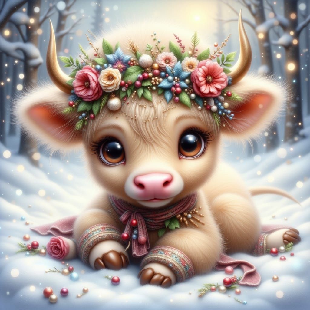 Cute Calf with Flower Wreath on Snowy Christmas Background