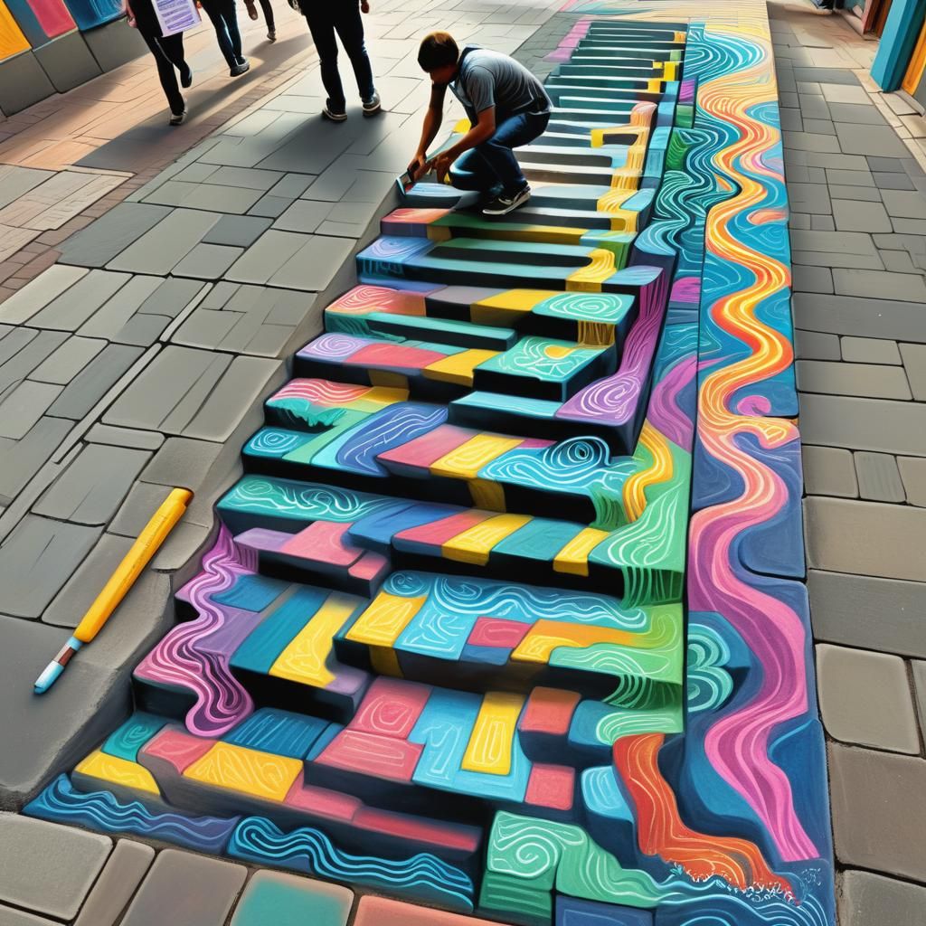 Optical Illusion: Chalk Stairs Descending into Sidewalk