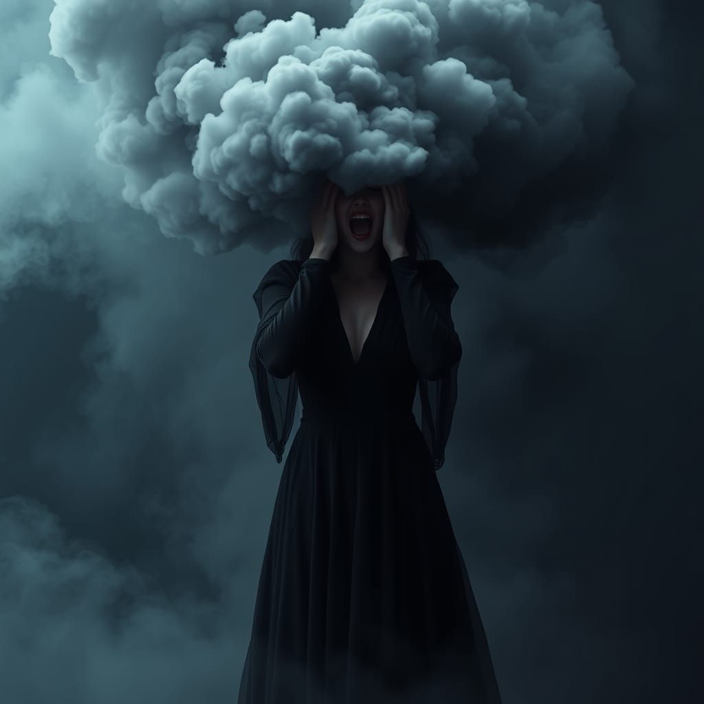 Dark Surrealist Woman Shrouded in Smoke and Veils