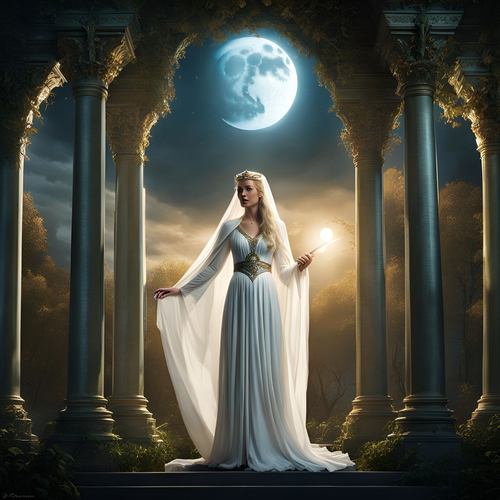 Galadriel with Scroll in Moonlit Setting