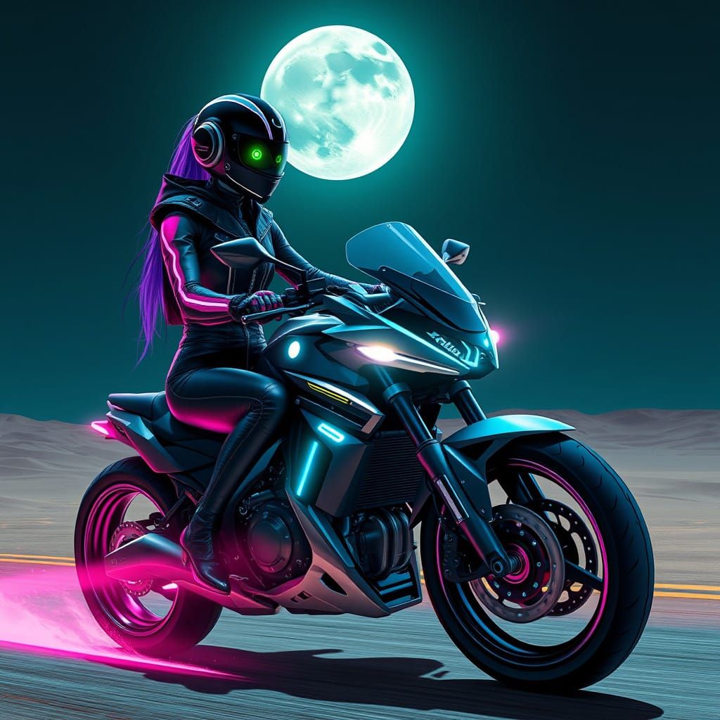 Cyberpunk Android Woman with Neon Red Hair and Green Glowing...