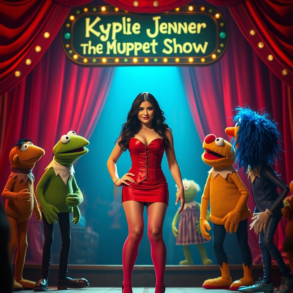 Kylie Jenner in the Muppet Show, Short Skirt, Pink Pantyhose, Red Corset, Sign with text Kylie Jenner in the Muppet Show...
