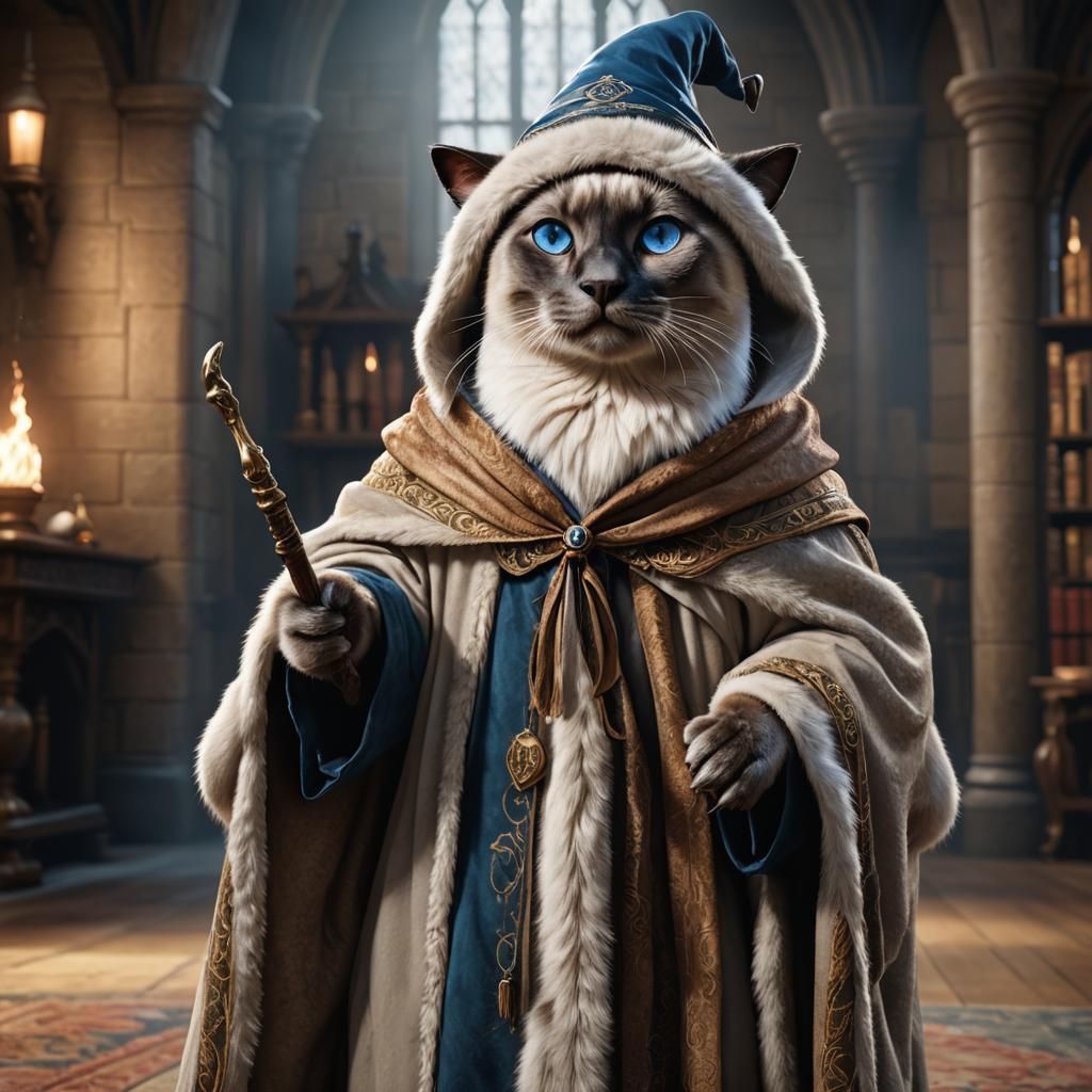 Siamese Cat Wizard in Hogwarts, Photorealistic Digital Art