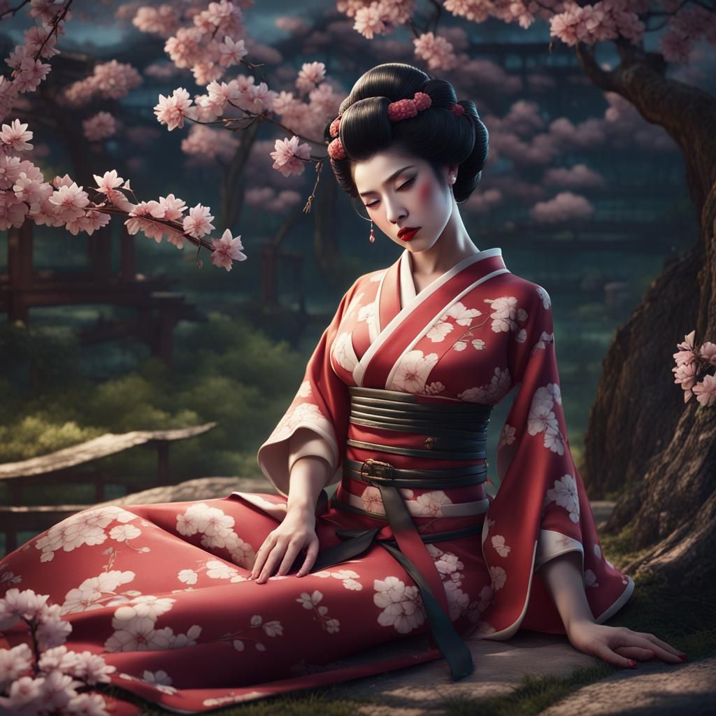Geisha Pinup in Cherry Blossom Garden