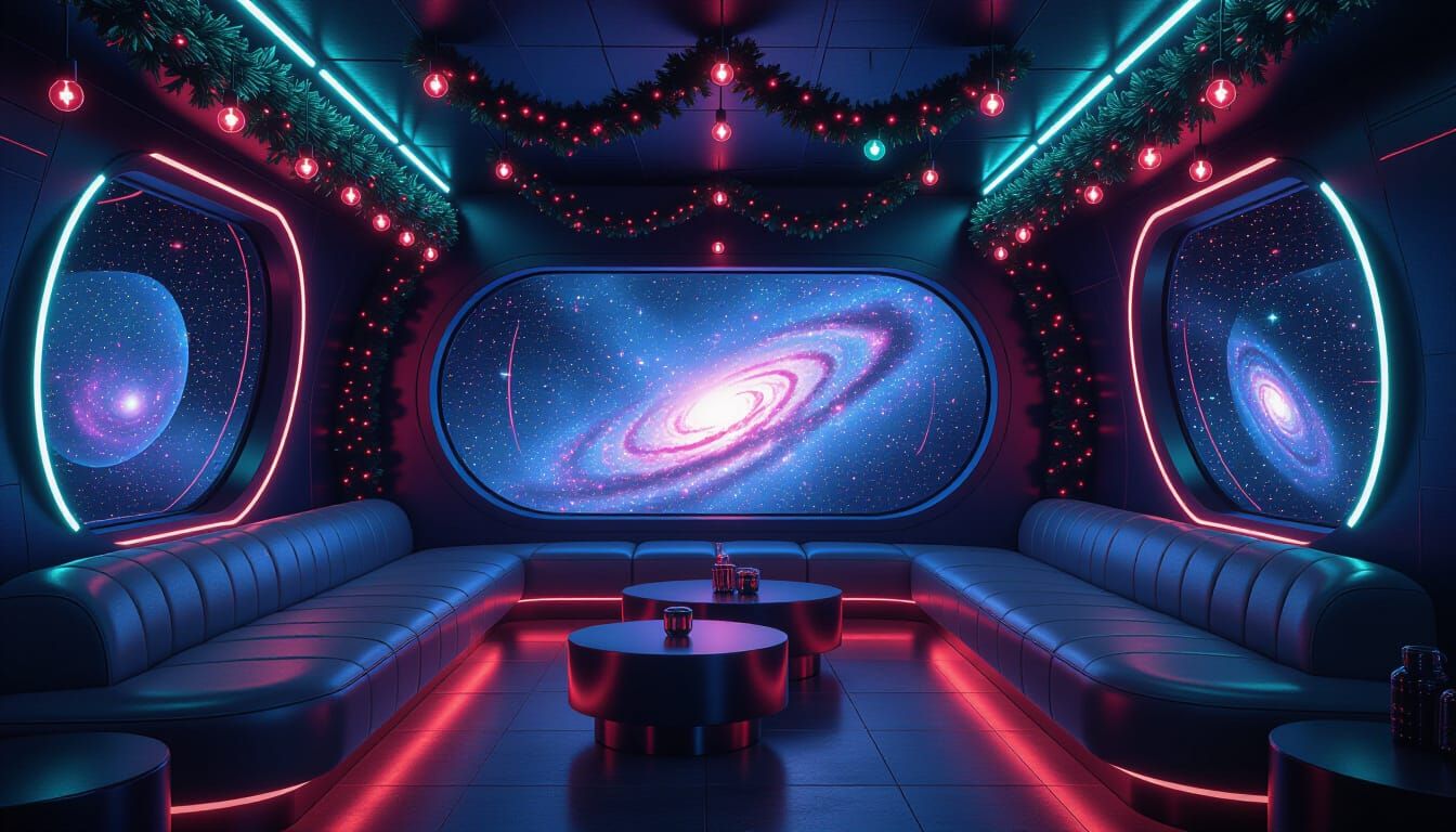 Futuristic Lounge With Galactic View And Neon Lights
