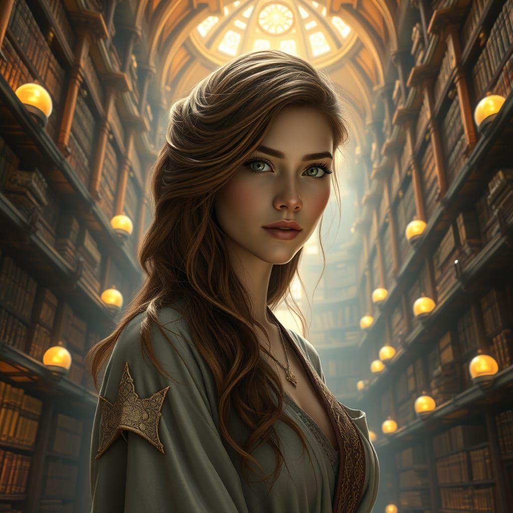 Goddess Strategist in Ancient Library Setting