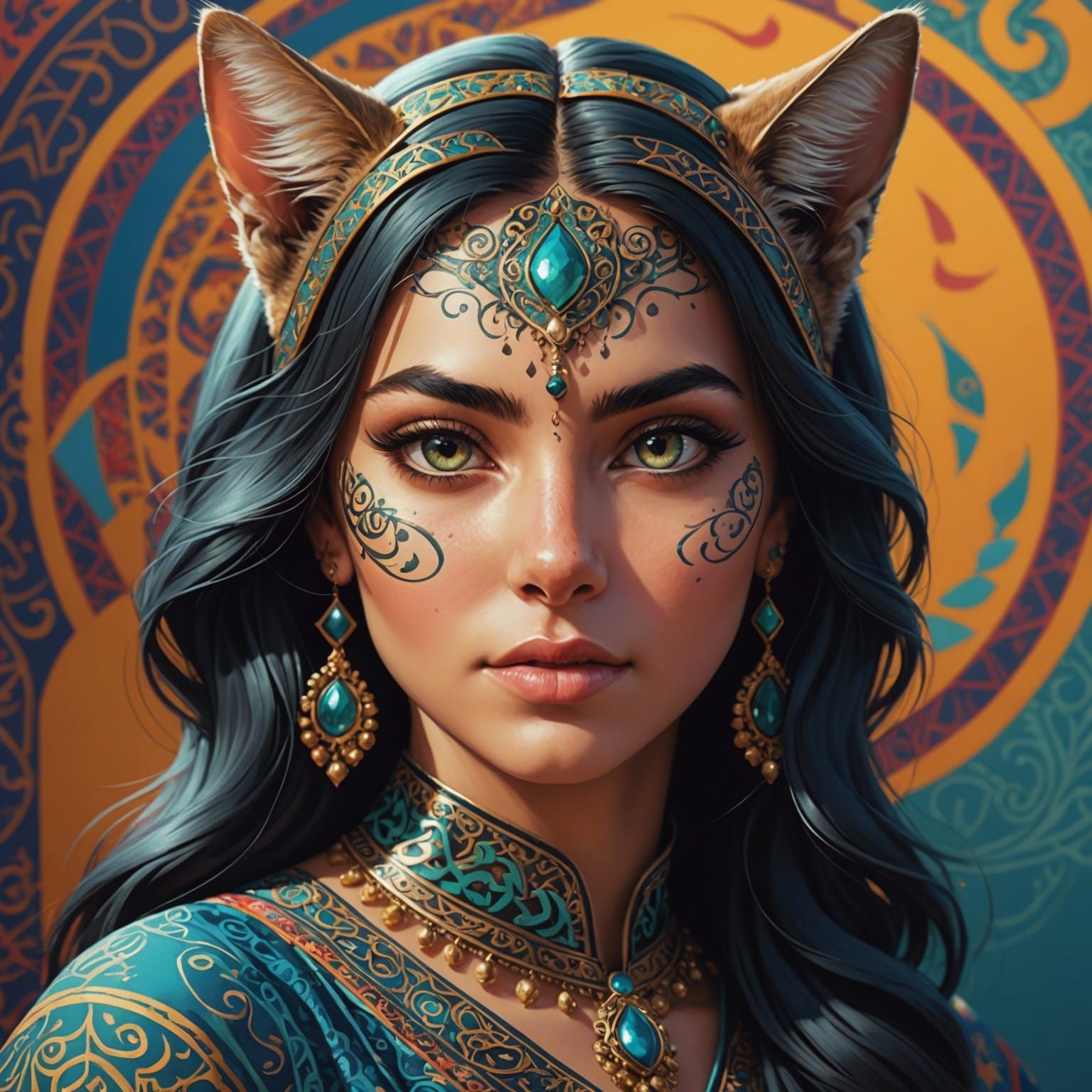 Hyperrealistic Cat Girl with Persian Patterns