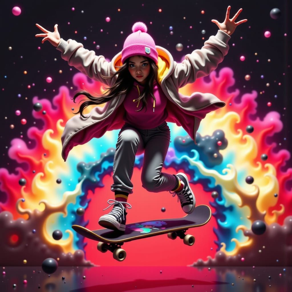 Skater in Mid-Air with Neon Checkered Background