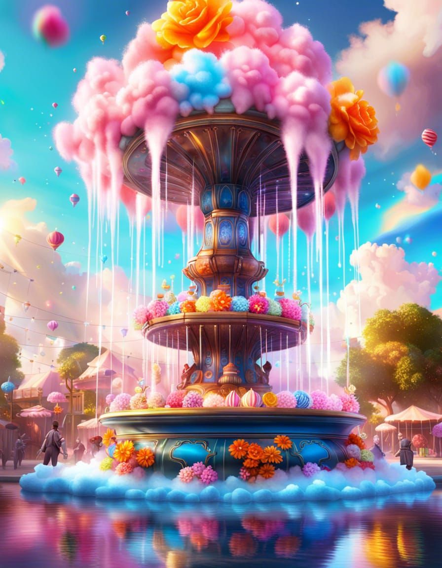 Magical Soda Fountain with Candy Flowers and Clouds