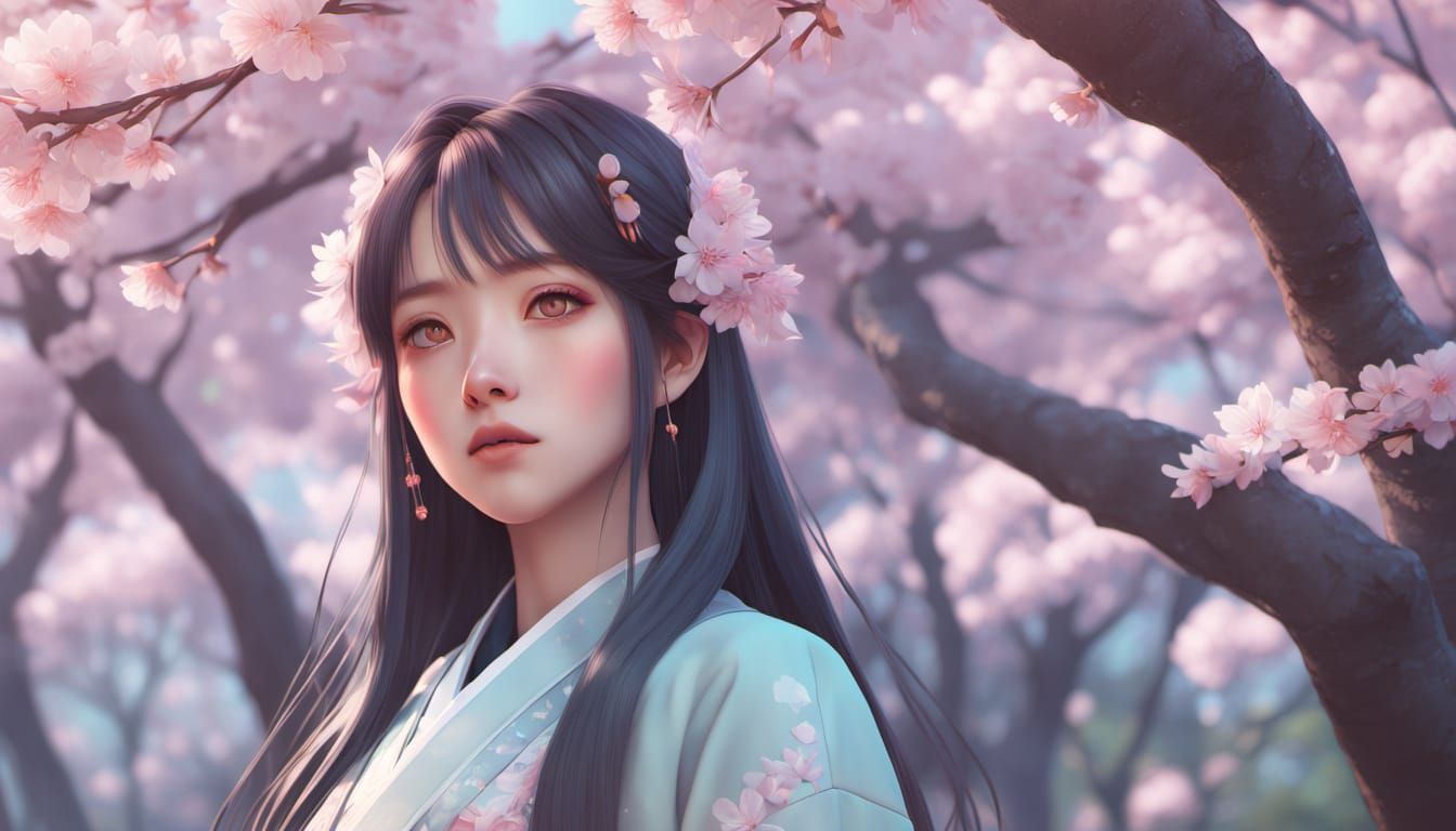 Serene Cherry Blossom Beauty in Japanese Anime Style