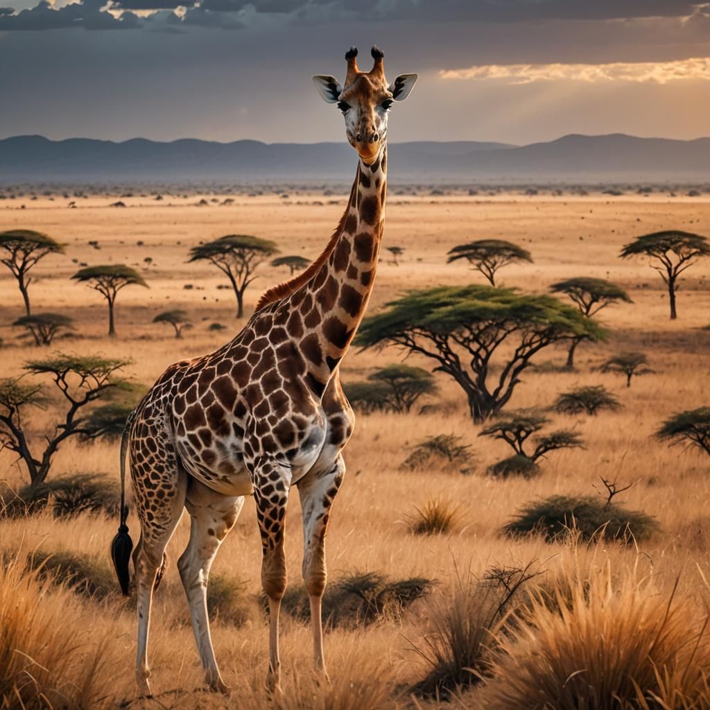 Giraffe in Vibrant African Savannah Sunset