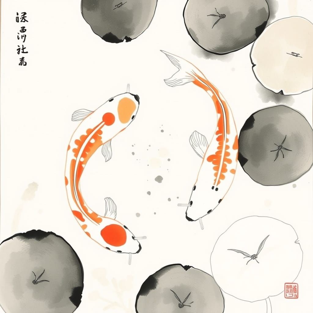 Koi in Sumi-e Watercolor Style with Lily Pads