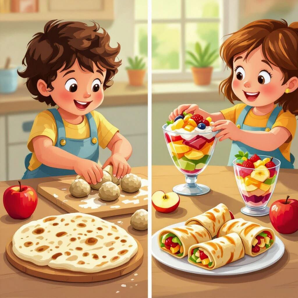 Children Making Food in Bright Cartoon Style