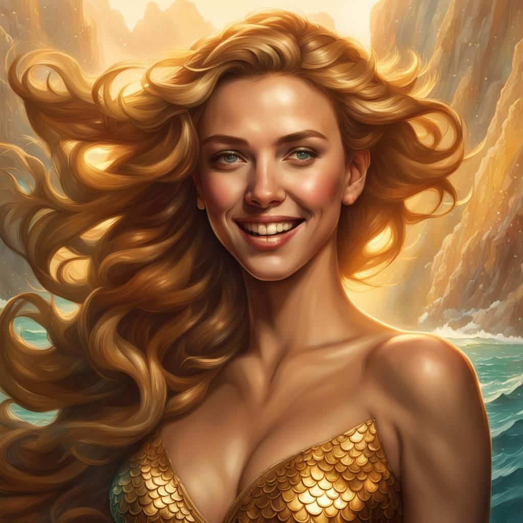 A BRAZILIAN woman OF RARE STANNING BEAUTY, REMINDS SCARLETT JOHANSSON,  (as golden mermaid:1.7), with tanned shoulders, ...