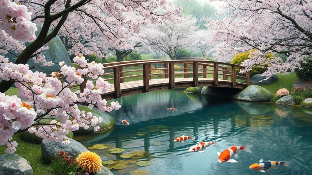 Japanese Tea Garden with Cherry Blossoms