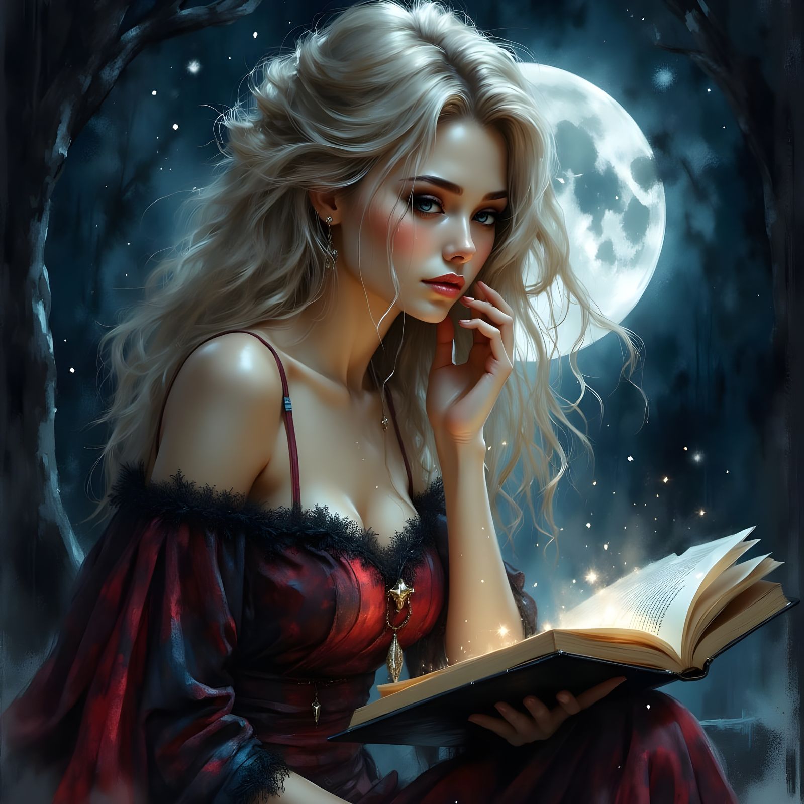 Norse Goddess Reads Under Full Moon