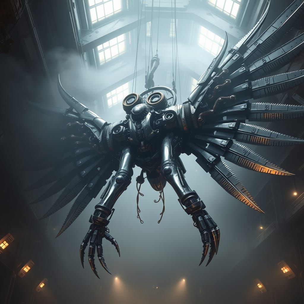 Titanic Robot Wings in Industrial Chamber