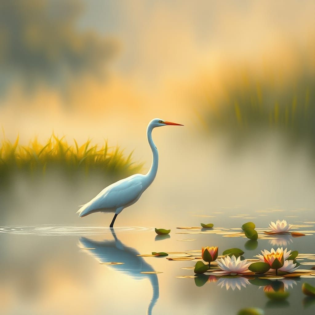 Elegant Egret in Misty Wetlands: Impressionist Style